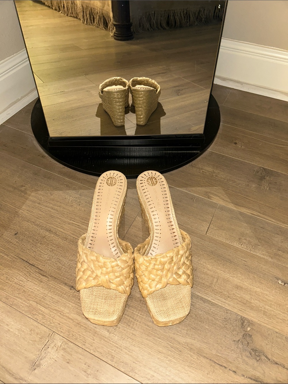 ANTONIO MELANI Woven Straw Slide Wedges in Natural